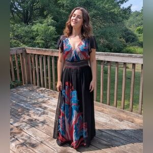 Black Flowy Maxi Dress with Red & Blue Floral Design NWOT Size 1X